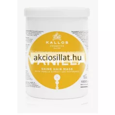 Kallos Vanilla Shine Hair Mask 1 literes hajpakolás száraz hajra nagy méretű fehér tégelyben, jellegzetes sárga kör alakú címkével és feliratokkal.