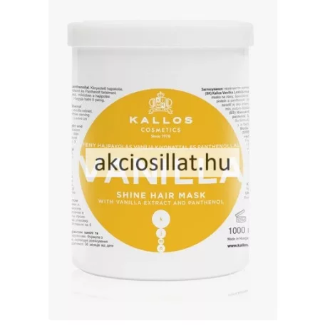 Kallos Vanilla Shine Hair Mask 1 literes hajpakolás száraz hajra nagy méretű fehér tégelyben, jellegzetes sárga kör alakú címkével és feliratokkal.