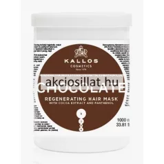 Kallos Chocolate 1000ml-es intenzív regeneráló hajpakolás fehér tégelyben, barna grafikával.