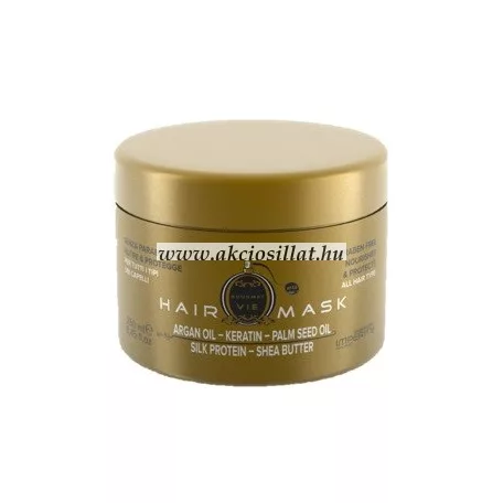 Imperity Gourmet VIE 250ml-es parabén mentes hajmaszk elegáns, laposabb hengeres arany színű tégelye fekete és fehér feliratokkal.