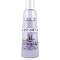 Az Imperity Impevita Dry Colored Conditioner Hajbalzsam 250ml.jpg fotón a professzionális hajbalzsam látható: egy letisztult, enyhén kúpos alakú áttetsző flakon matt ezüst színű kupakkal, az előlapján egy fát ábrázoló grafikával, alatta egy fekete-fehér áfonyaág rajzával, valamint a halványlila sávban elhelyezkedő DRY & COLORED CONDITIONER, IMPERITY MILANO és 250 ml feliratokkal.