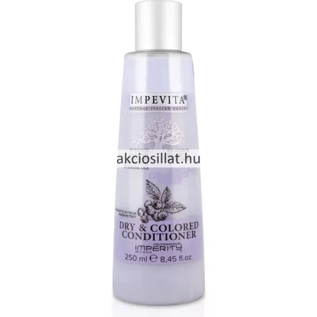 Az Imperity Impevita Dry Colored Conditioner Hajbalzsam 250ml.jpg fotón a professzionális hajbalzsam látható: egy letisztult, enyhén kúpos alakú áttetsző flakon matt ezüst színű kupakkal, az előlapján egy fát ábrázoló grafikával, alatta egy fekete-fehér áfonyaág rajzával, valamint a halványlila sávban elhelyezkedő DRY & COLORED CONDITIONER, IMPERITY MILANO és 250 ml feliratokkal.