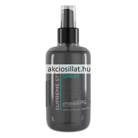Imperity Supreme Style Premium Revolution 145ml-es kifésülő hidratáló spray áttetsző füstszürke flakonban, fekete pumpás szórófejjel és türkiz feliratú címkével.