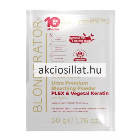 Imperity Blonderator Ultra Premium 50g-os szőkítőpor tasakja, fehér és arany feliratokkal, piros 10-es számmal és PLEX & Vegetal Keratin jelöléssel.