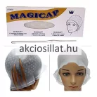 Magicap melírsapka és fém melírtű termékfotó amely felül a termék hosszúkás fehér papírdobozát mutatja kék MAGICAP felirattal és egy sapkát viselő női arc rajzával középen egy vízszintesen elhelyezett fém horgolótű látható alatta pedig két alsó képen a használat közben illusztrált áttetsző fehér szilikon melírsapka látható előre nyomtatott kis karikákkal az egyiken szemből egy próbababa fején a másikon pedig hátulról fotózva ahol világosbarna hajtincsek vannak kihúzva a lyukakon keresztül