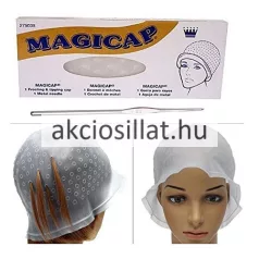 Magicap melírsapka és fém melírtű termékfotó amely felül a termék hosszúkás fehér papírdobozát mutatja kék MAGICAP felirattal és egy sapkát viselő női arc rajzával középen egy vízszintesen elhelyezett fém horgolótű látható alatta pedig két alsó képen a használat közben illusztrált áttetsző fehér szilikon melírsapka látható előre nyomtatott kis karikákkal az egyiken szemből egy próbababa fején a másikon pedig hátulról fotózva ahol világosbarna hajtincsek vannak kihúzva a lyukakon keresztül