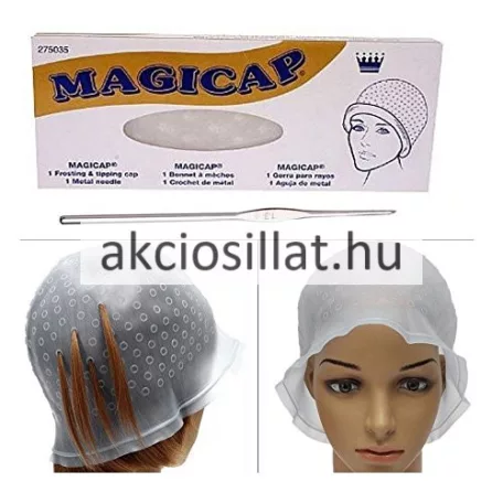 Magicap melírsapka és fém melírtű termékfotó amely felül a termék hosszúkás fehér papírdobozát mutatja kék MAGICAP felirattal és egy sapkát viselő női arc rajzával középen egy vízszintesen elhelyezett fém horgolótű látható alatta pedig két alsó képen a használat közben illusztrált áttetsző fehér szilikon melírsapka látható előre nyomtatott kis karikákkal az egyiken szemből egy próbababa fején a másikon pedig hátulról fotózva ahol világosbarna hajtincsek vannak kihúzva a lyukakon keresztül