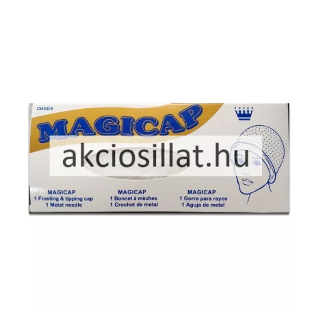 Magicap melírsapka és fém melírtű termékfotó amely felül a termék hosszúkás fehér papírdobozát mutatja kék MAGICAP felirattal és egy sapkát viselő női arc rajzával középen egy vízszintesen elhelyezett fém horgolótű látható alatta pedig két alsó képen a használat közben illusztrált áttetsző fehér szilikon melírsapka látható előre nyomtatott kis karikákkal az egyiken szemből egy próbababa fején a másikon pedig hátulról fotózva ahol világosbarna hajtincsek vannak kihúzva a lyukakon keresztül
