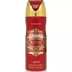 Lattafa Badee Al Oud Sublime 200ml-es férfi és női uniszex parfüm dezodor hengeres matt vörös színű flakonban geometrikus arany mintás és arab betűs feliratú logóval valamint fényes arany és piros színű formatervezett szórófejes kupakkal