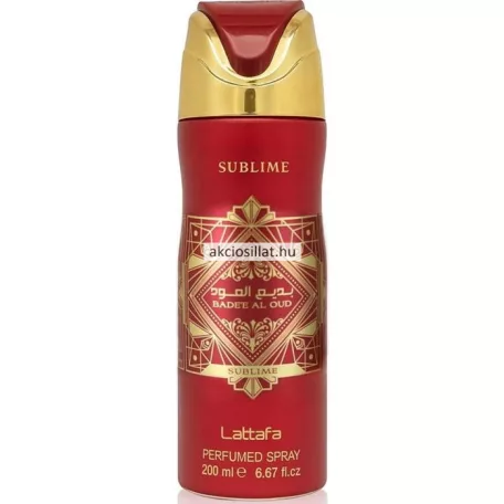 Lattafa Badee Al Oud Sublime 200ml-es férfi és női uniszex parfüm dezodor hengeres matt vörös színű flakonban geometrikus arany mintás és arab betűs feliratú logóval valamint fényes arany és piros színű formatervezett szórófejes kupakkal