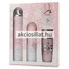 A Lattafa Yara edp 100ml perfumed spray 200ml room spray 300ml.jpg fotón az exkluzív háromrészes női parfümszett látható: egy nagyméretű, elegáns halványrózsaszín díszdoboz fehér indás és virágos motívumokkal díszítve, amelyben bal oldalon a hosszúkás 300ml-es Air Freshener lakásillatosító, középen a 200ml-es Perfumed Spray dezodor, jobb oldalon pedig a jellegzetes ezüstpántos, rózsaszín 100ml-es Yara Eau de Parfum üveg helyezkedik el, a doboz jobb felső sarkában pedig a fekete arab és latin betűs YARA felirat olvasható.
