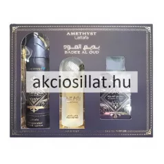 Lattafa Badee Al Oud Amethyst 3 részes luxus illatszett díszdobozban 100ml parfümmel dezodorral és hajpermettel