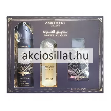Lattafa Badee Al Oud Amethyst 3 részes luxus illatszett díszdobozban 100ml parfümmel dezodorral és hajpermettel