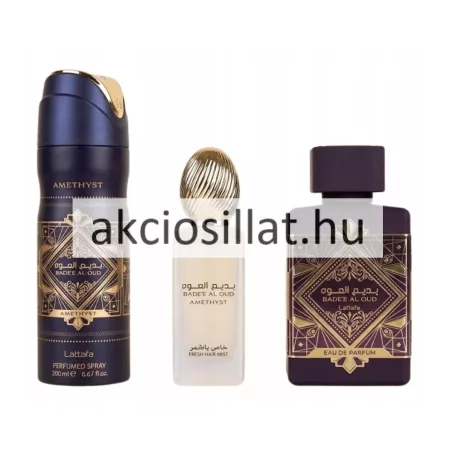 Lattafa Badee Al Oud Amethyst EDP 100ml arab parfüm 200ml illatosított dezodor és 50ml hajpermet spray üvegei