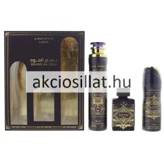 Lattafa Badee Al Oud Amethyst 3 részes uniszex luxus illatszett 100ml parfümmel 200ml dezodorral és 300ml lakásillatosítóval