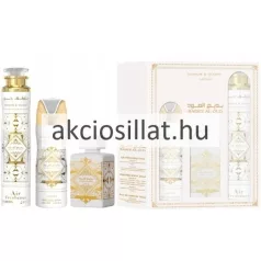 Lattafa Badee Al Oud Honor and Glory 3 részes uniszex ajándékcsomag parfümmel testspray-vel és lakásillatosítóval fehér arany mintázattal