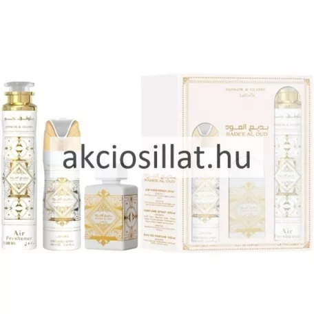 Lattafa Badee Al Oud Honor and Glory 3 részes uniszex ajándékcsomag parfümmel testspray-vel és lakásillatosítóval fehér arany mintázattal