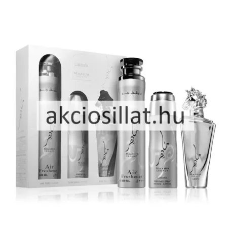 Lattafa Maahir Legacy 3 részes szett 100ml ezüst lófejes parfümmel 200ml dezodorral és 300ml lakásillatosítóval