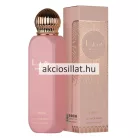 attafa Haya 150ml-es női All Over Spray test- és hajspray termékfotója amely bal oldalon egy függőlegesen álló szögletes lekerekített élű fényes púderrózsaszín flakont ábrázol arany betűs arab és Haya Lattafa feliratokkal valamint alul ALL OVER SRAY és 150ml jelölésekkel a tetején függőlegesen barázdált kupolaszerű arany színű fém kupakkal mellette jobb oldalon pedig a hozzá tartozó ugyanilyen púderrózsaszín díszdoboz látható középen arany sugaras kör alakú motívummal és arany betűs feliratokkal