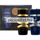 Lattafa Asad és Lattafa Asad Zanzibar 100ml-es férfi parfüm kollekció termékfotója amely középen az eredeti Asad álló hengeres matt fekete üvegét ábrázolja széles arany színű dombornyomott mintás gyűrűvel és arany arab felirattal tőle jobbra az Asad Zanzibar álló hengeres matt sötétkék üvege látható széles ezüst színű dombornyomott mintás gyűrűvel és ezüst arab felirattal a háttérben pedig a két parfümöt tartalmazó fekete díszdoboz helyezkedik el arany mintás logóval valamint a bal oldali részen a doboz átlátszó betekintő ablakán keresztül látszik a kék színű üveg