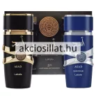 Lattafa Asad és Lattafa Asad Zanzibar 100ml-es férfi parfüm kollekció termékfotója amely középen az eredeti Asad álló hengeres matt fekete üvegét ábrázolja széles arany színű dombornyomott mintás gyűrűvel és arany arab felirattal tőle jobbra az Asad Zanzibar álló hengeres matt sötétkék üvege látható széles ezüst színű dombornyomott mintás gyűrűvel és ezüst arab felirattal a háttérben pedig a két parfümöt tartalmazó fekete díszdoboz helyezkedik el arany mintás logóval valamint a bal oldali részen a doboz átlátszó betekintő ablakán keresztül látszik a kék színű üveg