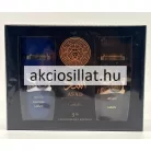 Lattafa Asad és Lattafa Asad Zanzibar 100ml-es férfi parfüm kollekció termékfotója amely középen az eredeti Asad álló hengeres matt fekete üvegét ábrázolja széles arany színű dombornyomott mintás gyűrűvel és arany arab felirattal tőle jobbra az Asad Zanzibar álló hengeres matt sötétkék üvege látható széles ezüst színű dombornyomott mintás gyűrűvel és ezüst arab felirattal a háttérben pedig a két parfümöt tartalmazó fekete díszdoboz helyezkedik el arany mintás logóval valamint a bal oldali részen a doboz átlátszó betekintő ablakán keresztül látszik a kék színű üveg