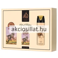 A Lattafa Art of Nature II ajándékcsomag a prémium uniszex szett darabjai láthatók külön-külön: a 100ml-es és 20ml-es, vágtázó lovas grafikával és bronz kupakkal ellátott parfümök, a bézs színű 200ml-es perfumed spray, valamint a hengeres formájú, elegáns arany travalo utántölthető spray.