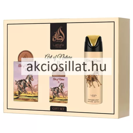 A Lattafa Art of Nature II ajándékcsomag a prémium uniszex szett darabjai láthatók külön-külön: a 100ml-es és 20ml-es, vágtázó lovas grafikával és bronz kupakkal ellátott parfümök, a bézs színű 200ml-es perfumed spray, valamint a hengeres formájú, elegáns arany travalo utántölthető spray.