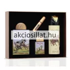 A Lattafa Art of Nature II ajándékcsomag a prémium uniszex szett darabjai láthatók külön-külön: a 100ml-es és 20ml-es, vágtázó lovas grafikával és bronz kupakkal ellátott parfümök, a bézs színű 200ml-es perfumed spray, valamint a hengeres formájú, elegáns arany travalo utántölthető spray.