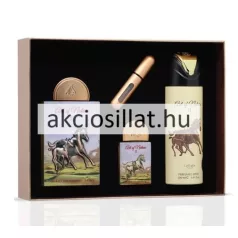 A Lattafa Art of Nature II ajándékcsomag a prémium uniszex szett darabjai láthatók külön-külön: a 100ml-es és 20ml-es, vágtázó lovas grafikával és bronz kupakkal ellátott parfümök, a bézs színű 200ml-es perfumed spray, valamint a hengeres formájú, elegáns arany travalo utántölthető spray.