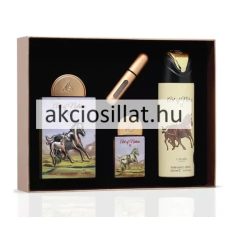 A Lattafa Art of Nature II ajándékcsomag a prémium uniszex szett darabjai láthatók külön-külön: a 100ml-es és 20ml-es, vágtázó lovas grafikával és bronz kupakkal ellátott parfümök, a bézs színű 200ml-es perfumed spray, valamint a hengeres formájú, elegáns arany travalo utántölthető spray.