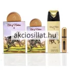 A Lattafa Art of Nature II ajándékcsomag a prémium uniszex szett darabjai láthatók külön-külön: a 100ml-es és 20ml-es, vágtázó lovas grafikával és bronz kupakkal ellátott parfümök, a bézs színű 200ml-es perfumed spray, valamint a hengeres formájú, elegáns arany travalo utántölthető spray.