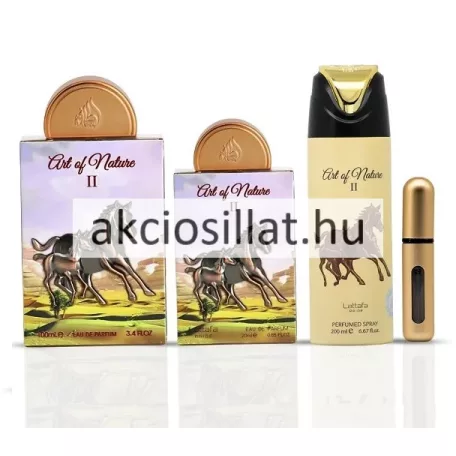 A Lattafa Art of Nature II ajándékcsomag a prémium uniszex szett darabjai láthatók külön-külön: a 100ml-es és 20ml-es, vágtázó lovas grafikával és bronz kupakkal ellátott parfümök, a bézs színű 200ml-es perfumed spray, valamint a hengeres formájú, elegáns arany travalo utántölthető spray.