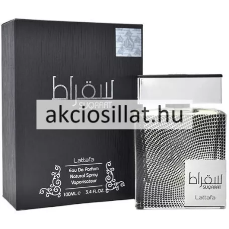 Lattafa Suqraat 100ml EDP férfi parfüm elegáns fekete flakonban ezüst kupakkal.