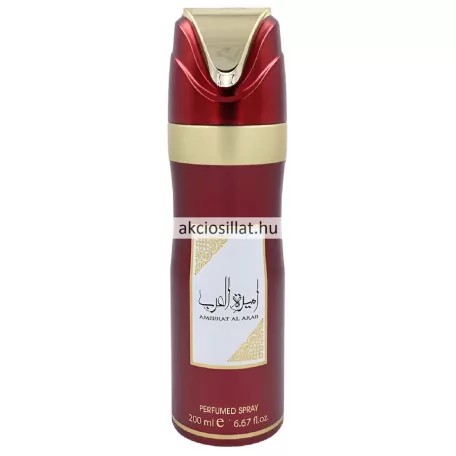 A Lattafa Asdaaf Ameerat Al Arab Parfumed Spray Woman 200ml.jpg fotón a hengeres alakú, sötétvörös színű női dezodor flakon látható az elején fehér-arany színű Ameerat Al Arab feliratú címkével, valamint egy elegáns arany-vörös mintázatú kupakkal.