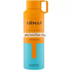 Az Armaf Odyssey Mandarin Sky parfüm dezodor 200ml.jpg fotón a hengeres alakú, élénk narancssárga és világoskék színátmenetes férfi dezodor flakon látható fekete Armaf felirattal és egy praktikus, narancssárga füllel ellátott kupakkal.