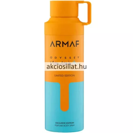 Az Armaf Odyssey Mandarin Sky parfüm dezodor 200ml.jpg fotón a hengeres alakú, élénk narancssárga és világoskék színátmenetes férfi dezodor flakon látható fekete Armaf felirattal és egy praktikus, narancssárga füllel ellátott kupakkal.
