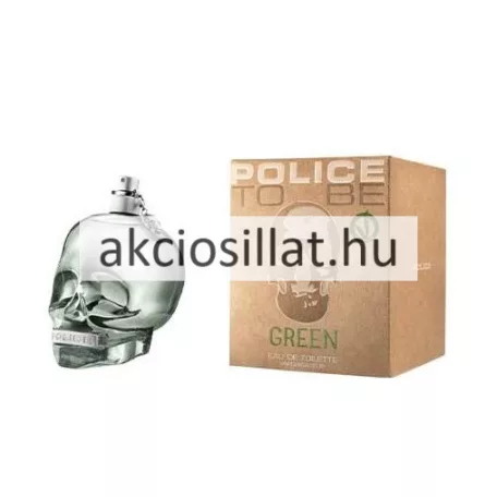 A Police To Be Green EDT 40ml Unisex parfüm.jpg fotón az ikonikus, áttetsző üvegből készült koponya formájú parfümös flakon látható ezüst szórófejjel és Police feliratú ezüst gallérral, mellette a natúr barna színű gyári kartondobozával.
