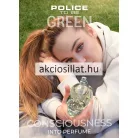 A Police To Be Green EDT 40ml Unisex parfüm.jpg fotón az ikonikus, áttetsző üvegből készült koponya formájú parfümös flakon látható ezüst szórófejjel és Police feliratú ezüst gallérral, mellette a natúr barna színű gyári kartondobozával.