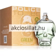 A Police To Be Green EDT 125ml Unisex parfüm.jpg fotón az ikonikus, áttetsző üvegből készült koponya formájú parfümös flakon látható ezüst szórófejjel és Police feliratú ezüst gallérral, mellette a natúr barna színű gyári kartondobozával.