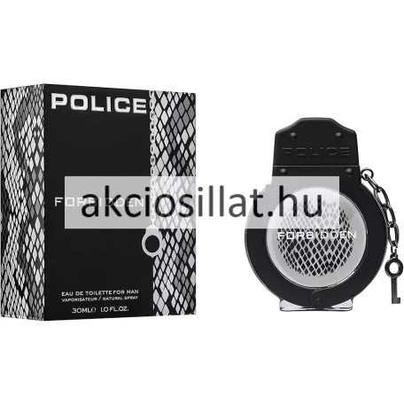 Police Forbidden for Man EDT 30ml-es férfi parfüm látható: az egyedi, fekete színű, fém bilincs formájú üvegflakon a hozzá láncolt kulccsal, valamint mellette a fekete-szürke kígyóbőr mintás gyári doboza.