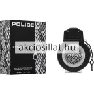 Police Forbidden for Man EDT 30ml-es férfi parfüm látható: az egyedi, fekete színű, fém bilincs formájú üvegflakon a hozzá láncolt kulccsal, valamint mellette a fekete-szürke kígyóbőr mintás gyári doboza.
