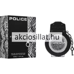Police Forbidden for Man EDT 30ml-es férfi parfüm látható: az egyedi, fekete színű, fém bilincs formájú üvegflakon a hozzá láncolt kulccsal, valamint mellette a fekete-szürke kígyóbőr mintás gyári doboza.