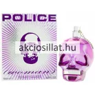 Police To Be for Woman 125ml-es női parfüm termékfotója amely jobb oldalon egy álló áttetsző lila színű üvegflakont ábrázol ami egy emberi koponyát formáz elülső részén egy fényes ezüst színű téglalap alakú fémlemezzel amin POLICE felirat olvasható tetején ezüst színű szórófejjel és egy hozzákapcsolt ezüst golyós lánccal bal oldalon pedig a hozzá tartozó fehér díszdoboz látható lila sugaras mintázattal közepén egy nagy lila koponya rajzzal felül nagy lila POLICE TO BE felirattal alul pedig kézírásos woman jelöléssel és a 125ml e kiszereléssel