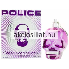Police To Be for Woman 125ml-es női parfüm termékfotója amely jobb oldalon egy álló áttetsző lila színű üvegflakont ábrázol ami egy emberi koponyát formáz elülső részén egy fényes ezüst színű téglalap alakú fémlemezzel amin POLICE felirat olvasható tetején ezüst színű szórófejjel és egy hozzákapcsolt ezüst golyós lánccal bal oldalon pedig a hozzá tartozó fehér díszdoboz látható lila sugaras mintázattal közepén egy nagy lila koponya rajzzal felül nagy lila POLICE TO BE felirattal alul pedig kézírásos woman jelöléssel és a 125ml e kiszereléssel