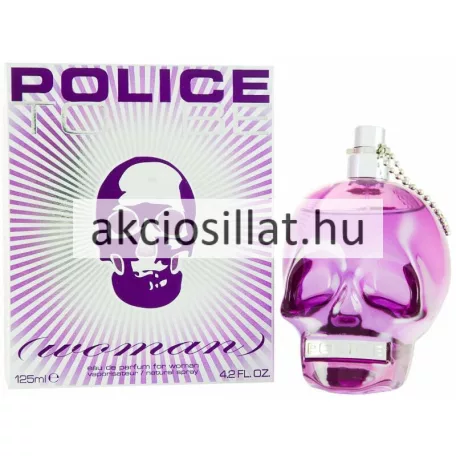 Police To Be for Woman 125ml-es női parfüm termékfotója amely jobb oldalon egy álló áttetsző lila színű üvegflakont ábrázol ami egy emberi koponyát formáz elülső részén egy fényes ezüst színű téglalap alakú fémlemezzel amin POLICE felirat olvasható tetején ezüst színű szórófejjel és egy hozzákapcsolt ezüst golyós lánccal bal oldalon pedig a hozzá tartozó fehér díszdoboz látható lila sugaras mintázattal közepén egy nagy lila koponya rajzzal felül nagy lila POLICE TO BE felirattal alul pedig kézírásos woman jelöléssel és a 125ml e kiszereléssel