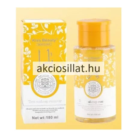 Kiss Beauty Skin Clinic Tous 180ml-es sminklemosó sárga-fehér virágmintás doboza és átlátszó sárgás flakonja.
