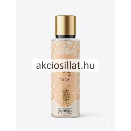 The 1001 Senses Yara 250ml-es női testpermet halvány barack színű virágmintás flakonban, aranyozott kupakkal.