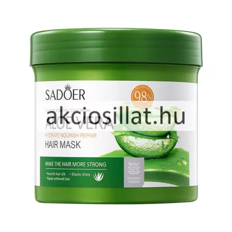 Sadoer Aloe Vera Hair Mask 500g-os hidratáló hajpakolás zöld színű tégelyben.