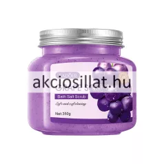 Sadoer Grape Bath Salt Scrub 350g-os bőrradír lila színű kerekített átlátszó műanyag tégelyben ezüst színű mintás fém kupakkal és lila alapszínű címkével melyen egy érett lédús lila szőlőfürt grafikája látható fehér és lila feliratokkal